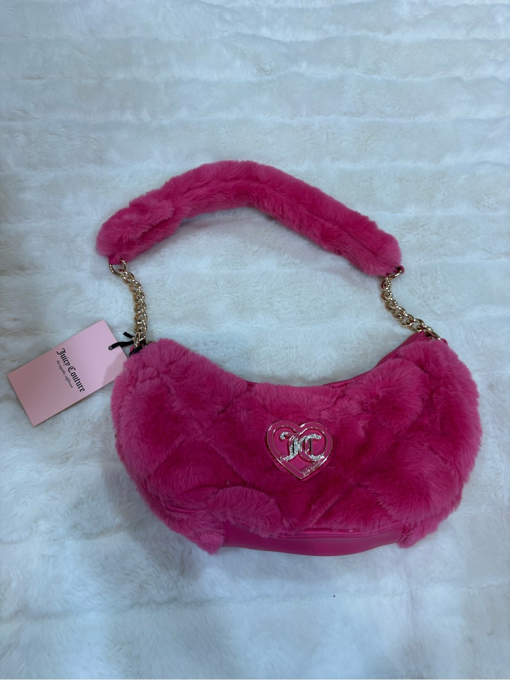 Juicy Couture Bright Pink Faux Fur Shoulder Bag with Gold Chain